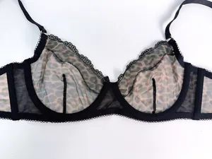 Detailed view of sexy leopard print mesh bra with delicate lace trim
