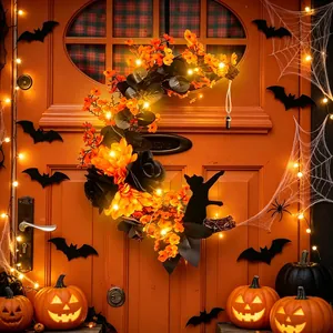 Halloween moon wreath with orange black flowers and cat for front door decoration