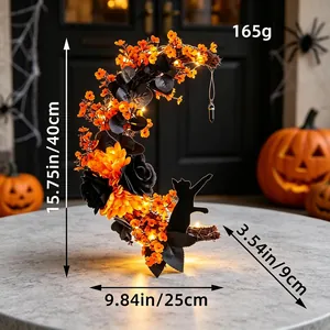 Decorative Halloween crescent moon wreath with black cat silhouette, orange roses and LED lights