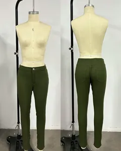 Detailed front and back view of olive green stretch skinny denim jeans for women