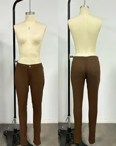Front and back view of brown women's slim stretch jeans on a clothing mannequin
