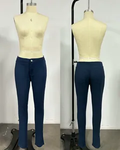 Front and back view of navy blue slim fit stretchy denim jeans for women