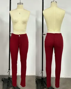 Wine red slim fit stretchy denim pants for women, front and back view on mannequin