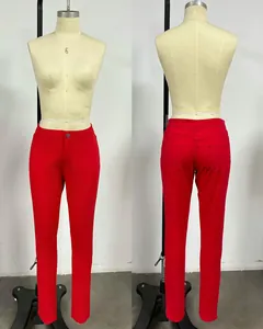 Front and back detail view of classic red slim stretch jeans for women on mannequin