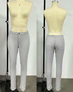 Front and back view of classic women's grey slim-fit elastic denim jeans on a mannequin