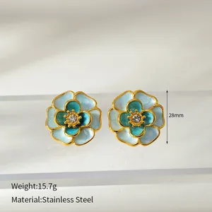 Blue enamel flower necklace in gold-plated stainless steel with a crystal center piece