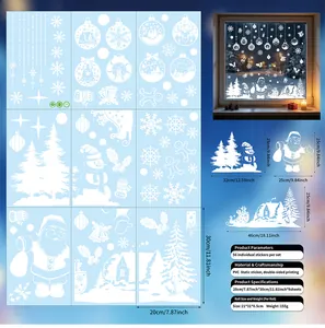 Detailed view of white Christmas window stickers with Santa, snowman and snowflake motifs.