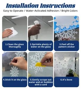 Six-step visual installation guide for white snowflake static Christmas window decals