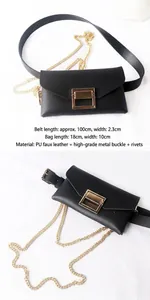 Detail of black PU leather waist bag with gold buckle and removable metal chain strap