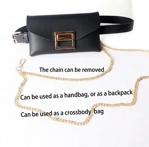 Close-up detail of a black mini waist bag with a detachable gold metal chain strap.