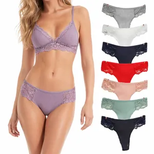 Women Thong Panties Ribbed Cotton Lace Patchwork Low Waist Breathable Sexy T-Back Underwear Soft Ladies Briefs