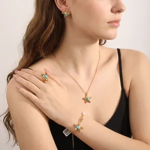 Starfish Pendant Necklace Stainless Steel Gold Plated Turquoise Stone Ocean Vacation Bohemian Style For Women