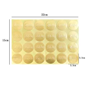 Sheet of 24 gold circular Happy Birthday stickers with dimensions 22x15cm and 3.3cm diameter