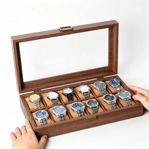 Vintage walnut wood grain PU leather 12-slot watch collector box with clear lid