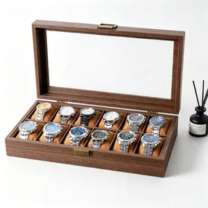 12-slot wood grain leather watch box with glass lid for storage and display