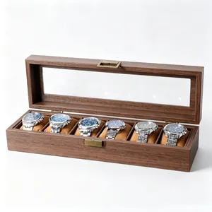 Premium vintage wood grain watch storage box with 6 slots, soft cushions and glass lid