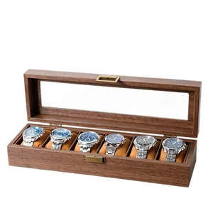Retro wood grain PU leather watch storage box with 6 slots and transparent window
