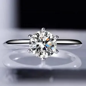 Macro detail of a sparkling round-cut moissanite sterling silver ring for women