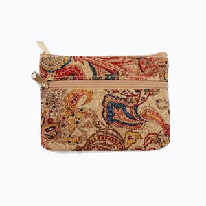 Vintage kurk portemonnee met paisley patroon en dubbele rits voor pasjes en sleutels