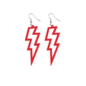 Vibrant red acrylic hollow lightning bolt earrings for women on white background.