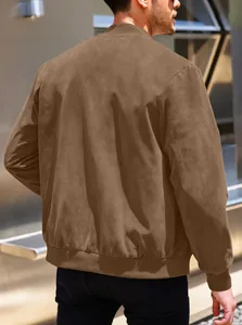 Back view of premium brown suede lightweight bomber jacket for men, casual style.