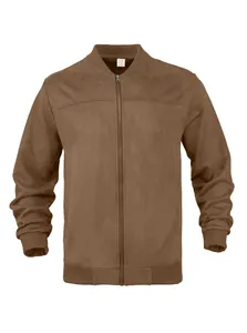 Front view detail of a classic brown suede men's bomber jacket with zipper