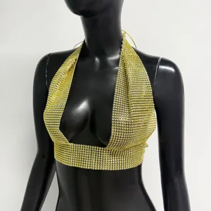 Sexy gold rhinestone mesh halter top with deep V-neck for women's party wear.