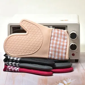 Oven Mitt Heat Resistant Silicone Glove With Cotton Lining Plaid Cuff Anti Slip Diamond Texture For Baking Cooking