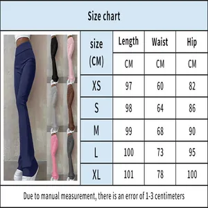 Size chart for women's high waisted slim fit flare pants with measurement details