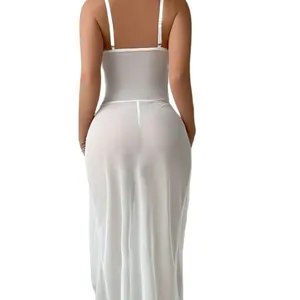 Sexy white sheer mesh nightgown with slit and adjustable straps for women