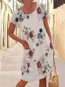 Robe d'été décontractée à imprimé fleuri avec manches courtes et poches