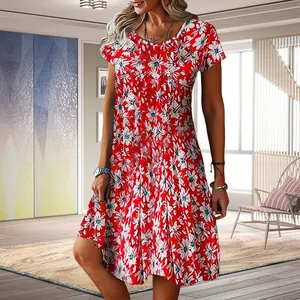 Robe d'été élégante rouge à manches courtes pour femmes avec imprimé marguerites blanches