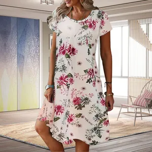 Robe d'été décontractée à imprimé floral, manches courtes et col rond ample et fluide