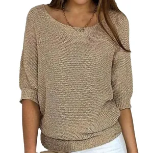 Elegant solid color round neck knit top with 3/4 batwing sleeves for women