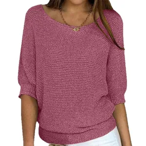 Elegant mauve round neck knit top with stylish batwing 3/4 sleeves for chic women