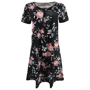 Robe d'été fleurie pour femme à manches courtes, col rond et coupe décontractée