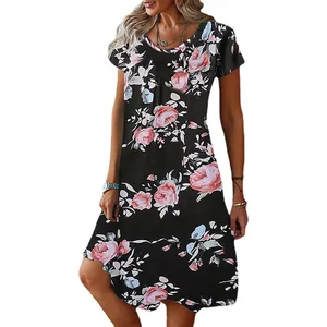 Casual women's summer short sleeve dress with elegant pink floral print on black background