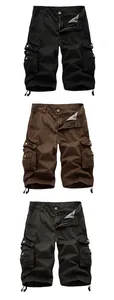Set of three men's loose casual cargo shorts in black, brown and dark grey colors.