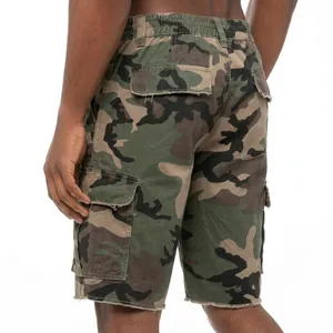 Back detail of tactical men's camouflage cargo shorts featuring large flap pockets
