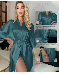 Detail view of women's silk-like bathrobe showing V-neck and waist tie design
