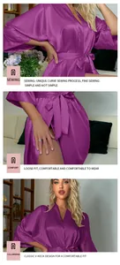 Detailed view of a purple ice silk satin bathrobe for women showing sewing and V-neck