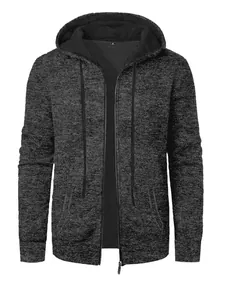 Vue détaillée du sweat à capuche zippé en jacquard gris foncé pour homme, maille douce