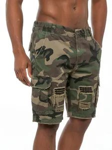 Men's Tactical Camouflage Cargo Shorts Cotton Blend Multi Pocket Distressed Studded Loose Five-Point Shorts Outdoor Bottoms