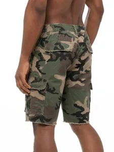 Men's loose fit tactical camouflage cargo shorts with multi-pockets and raw edge
