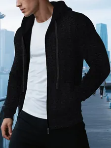 Veste à capuche décontractée pour hommes en jacquard noir avec fermeture éclair