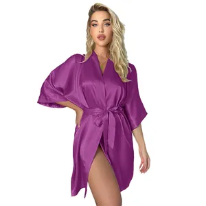 Elegant purple satin silk bathrobe with waist tie, sexy short kimono sleepwear for women.