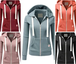 Women's slim-fit zip-up hooded sweatshirt in five colors for casual sportswear.