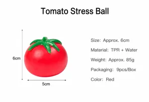 Detailansicht mit Abmessungen und technischen Daten des tomatenförmigen Knautschspielzeugs