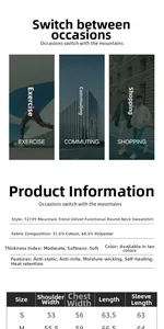 Size chart and technical fabric specifications for 380g fleece-lined crewneck sweatshirt