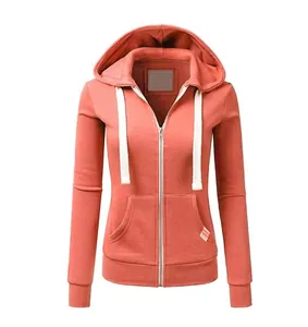 Front view of a slim fit women's zip-up hooded sweatshirt in coral pink with hood